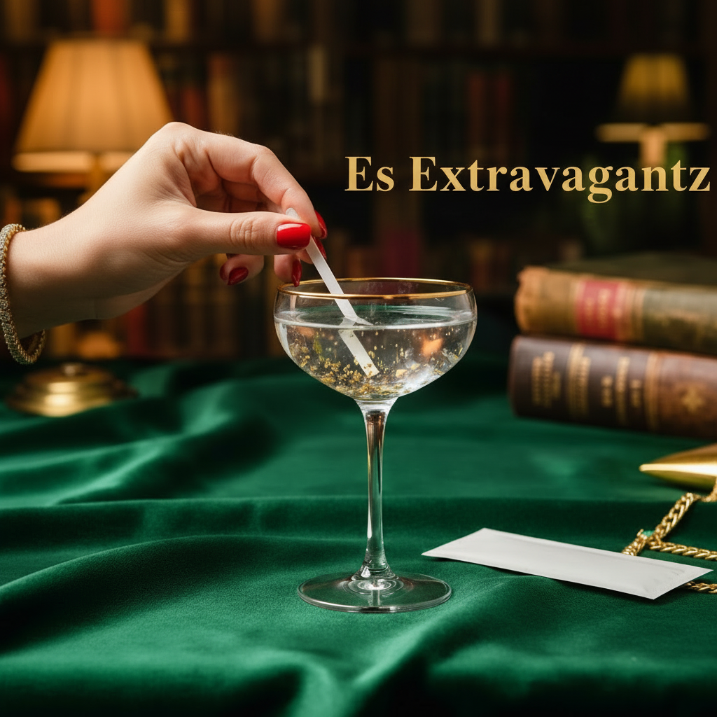 Es Extravagantz Safe Strips - luxury drink spike detection, manicured hand dipping test strip into gold-rimmed cocktail glass with gold flakes on green velvet background