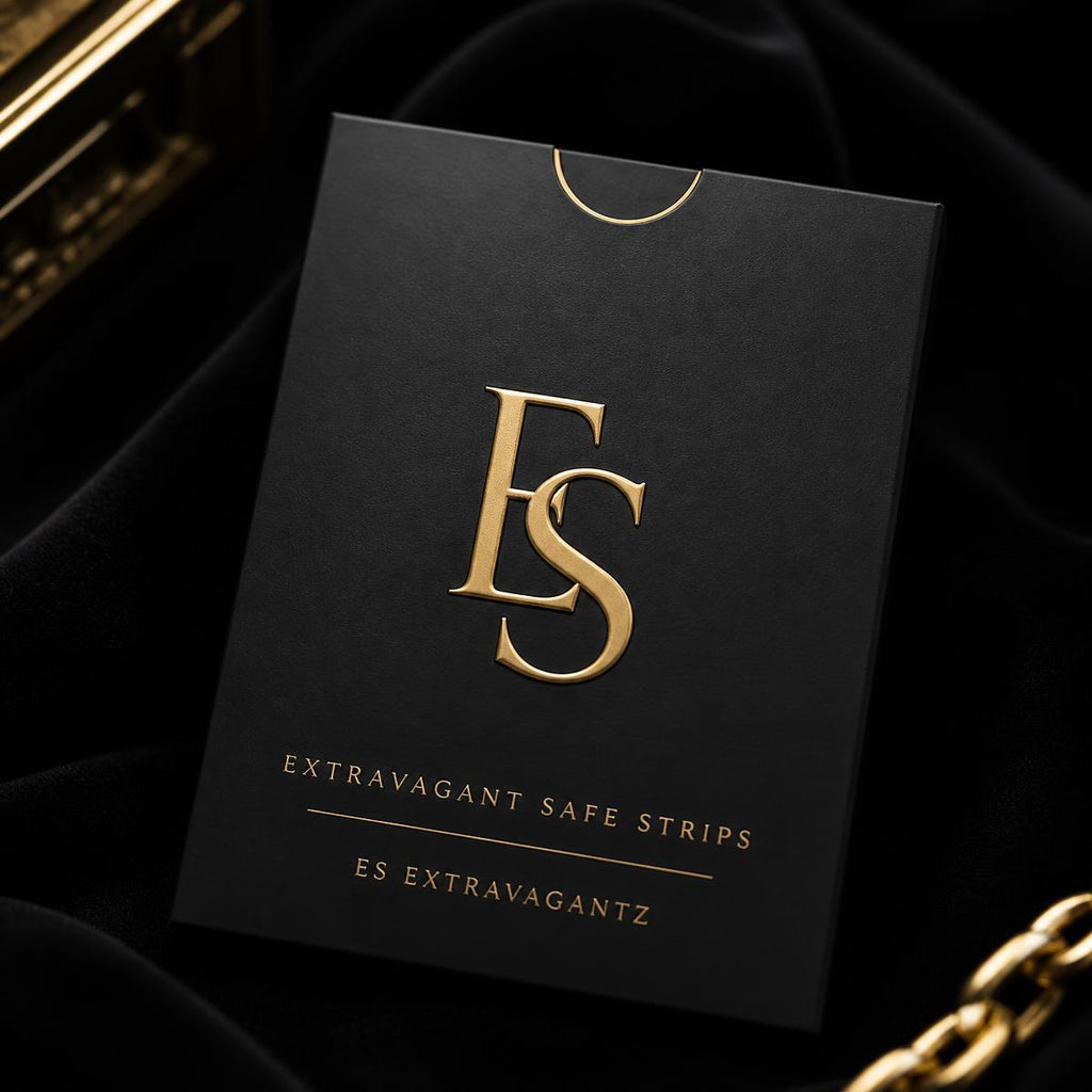 Extravagant Safe Strips matte-black packaging with gold ES monogram