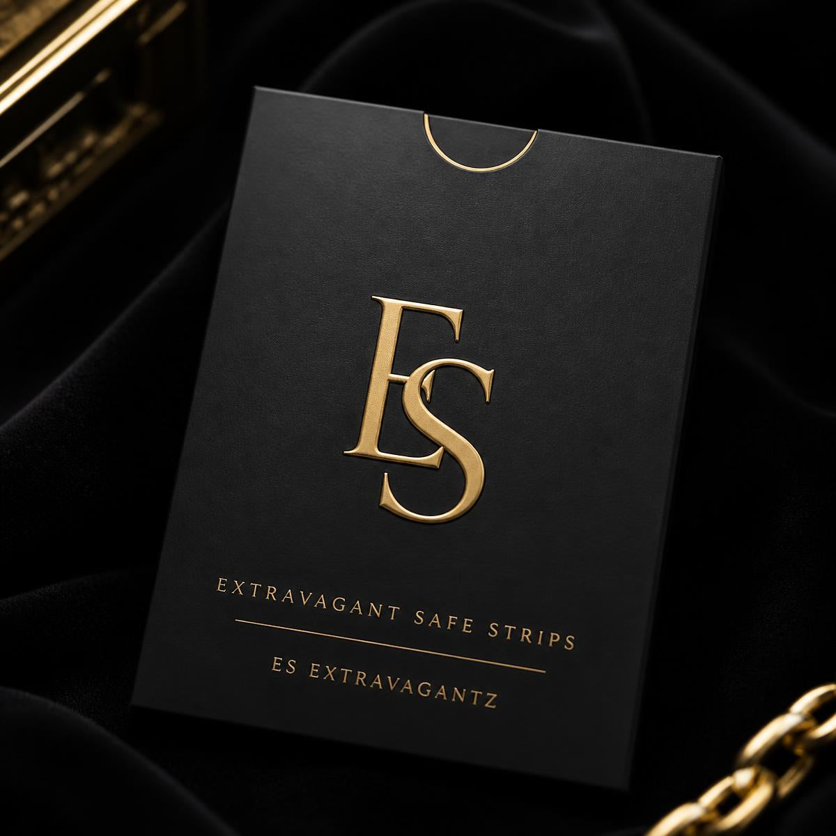 Extravagant Safe Strips matte-black packaging with gold ES monogram